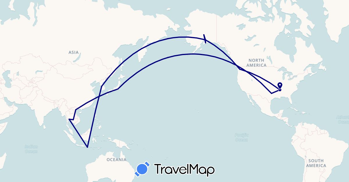 TravelMap itinerary: driving in Indonesia, Japan, Cambodia, South Korea, Malaysia, United States, Vietnam (Asia, North America)
